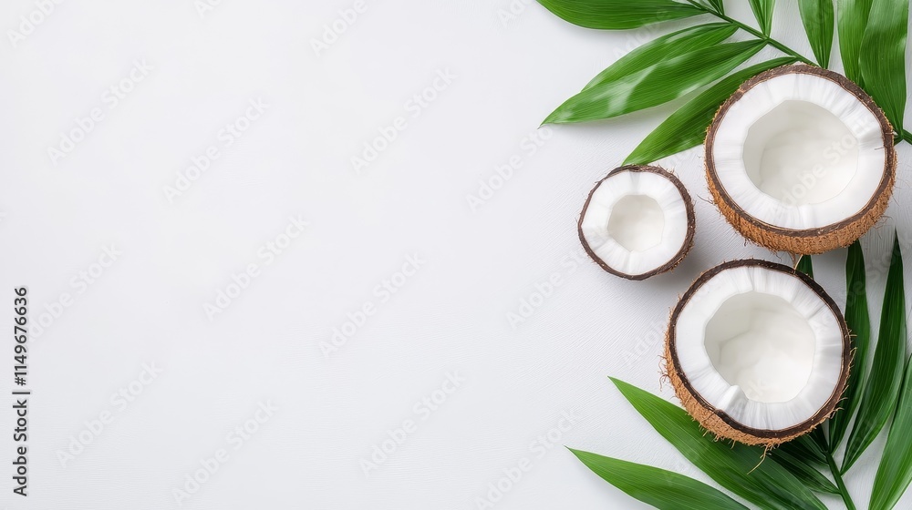 A half of a fresh coconut with green leaves on a clean white background, showcasing the natural texture and tropical essence of the coconut, ideal for food, health, and nature-related concepts.