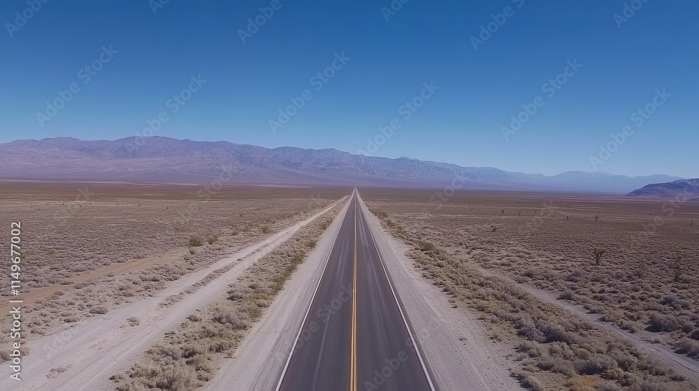 Fototapeta premium A vast desert landscape stretches beneath a clear blue sky, showcasing an endless road dividing the arid terrain.