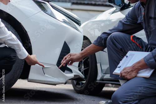 The young man's car insurance came to see and assess the damage and gave advice to the young woman who owned the car and then peed on the damaged spot.