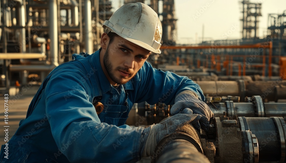 Young technician in blue overalls and white helmet inspecting gas pipe in urban industrial area Young technician in blue overalls and white helmet inspecting gas pipe in urban industrial area