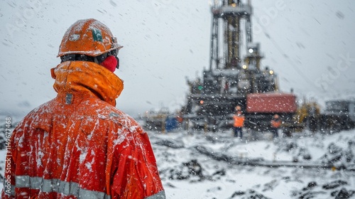 Amidst falling snow, an oil worker dressed in protective gear monitors drilling equipment in the Arctic, showcasing resilience against harsh weather while ensuring safety photo