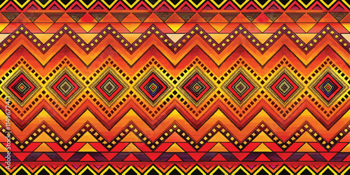 Vibrant geometric pattern with warm orange, red, and yellow tones.
