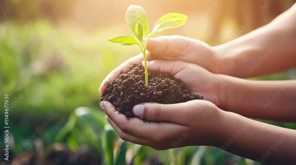 Child's hands gently holding a young sprout emerging from dark soil. Child's hands gently holding a young sprout emerging from dark soil.