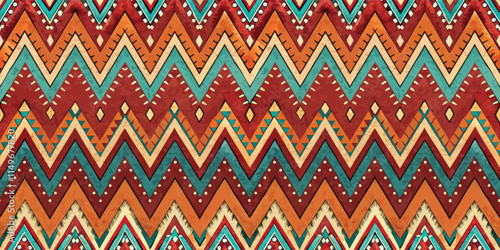 Colorful tribal pattern with vibrant zigzag and diamond designs in earthy tones. Colorful tribal pattern with vibrant zigzag and diamond designs in earthy tones.