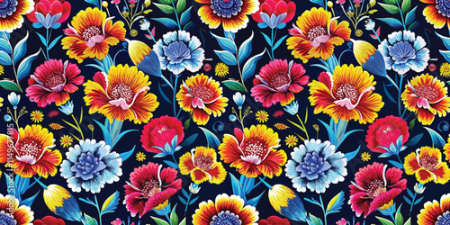 Vibrant floral pattern featuring colorful flowers on a dark background.