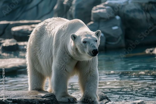 Majestic polar bear standing on a rock near the water in its zoo habitat photo