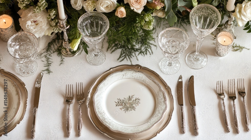 Elegant dinner setting with fine china and floral arrangements tabletop decor indoor close-up culinary experience Elegant dinner setting with fine china and floral arrangements tabletop decor indoor close-up culinary experience