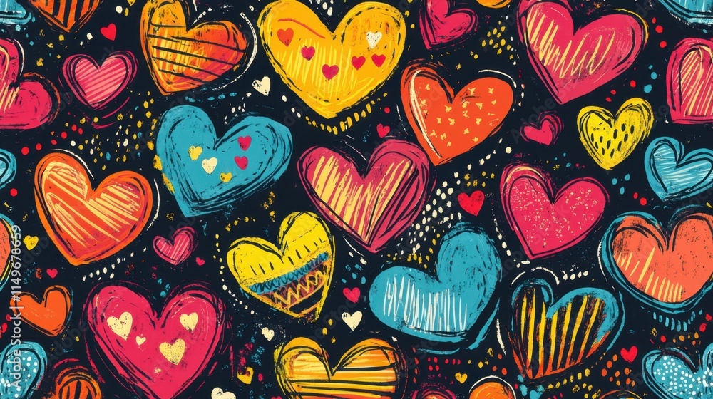 Naklejka premium Colorful Hand-Drawn Hearts on Black Background for Creative Projects