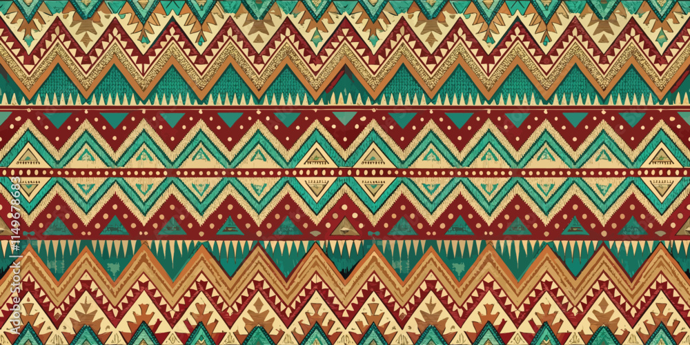 Colorful tribal pattern featuring zigzag designs in earthy tones. Colorful tribal pattern featuring zigzag designs in earthy tones.