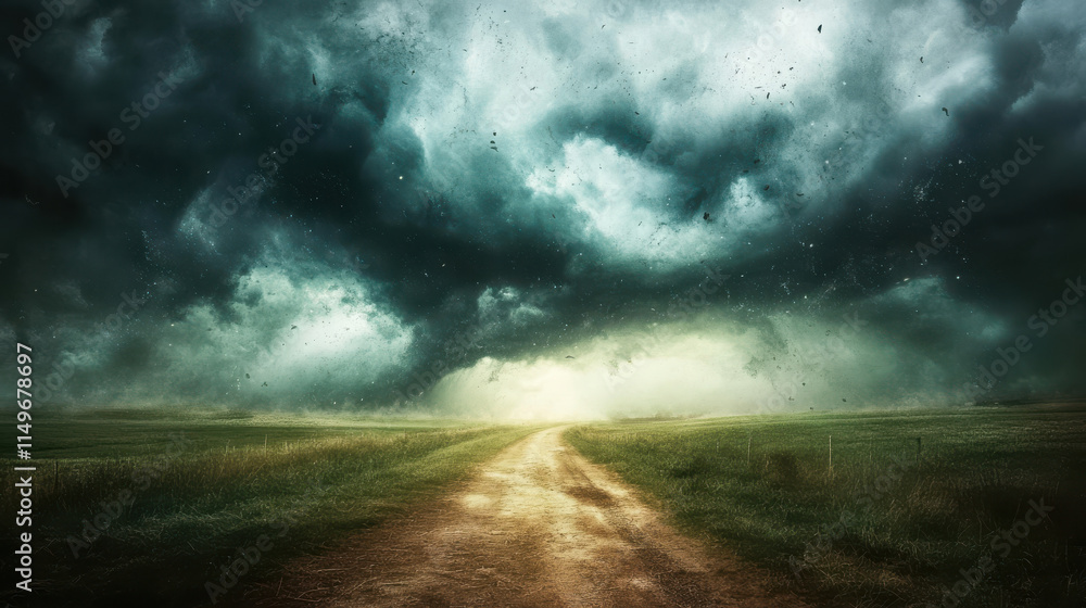 A dramatic landscape photograph of a supercell storm with multi-layered, swirling cloud formations, casting a foreboding shadow over an open field, illuminated by soft diffused sunlight breaking throu A dramatic landscape photograph of a supercell storm with multi-layered, swirling cloud formations, casting a foreboding shadow over an open field, illuminated by soft diffused sunlight breaking throu