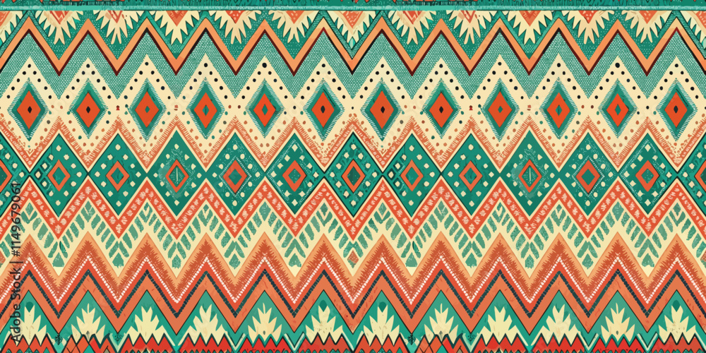 Vibrant geometric pattern in teal, orange, and cream tones, ideal for textiles. Vibrant geometric pattern in teal, orange, and cream tones, ideal for textiles.