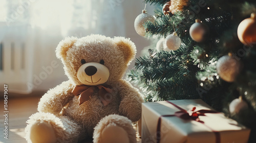 Teddy bear sitting near decorated christmas tree in house