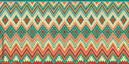 Vibrant geometric pattern in teal, orange, and cream tones, ideal for textiles.