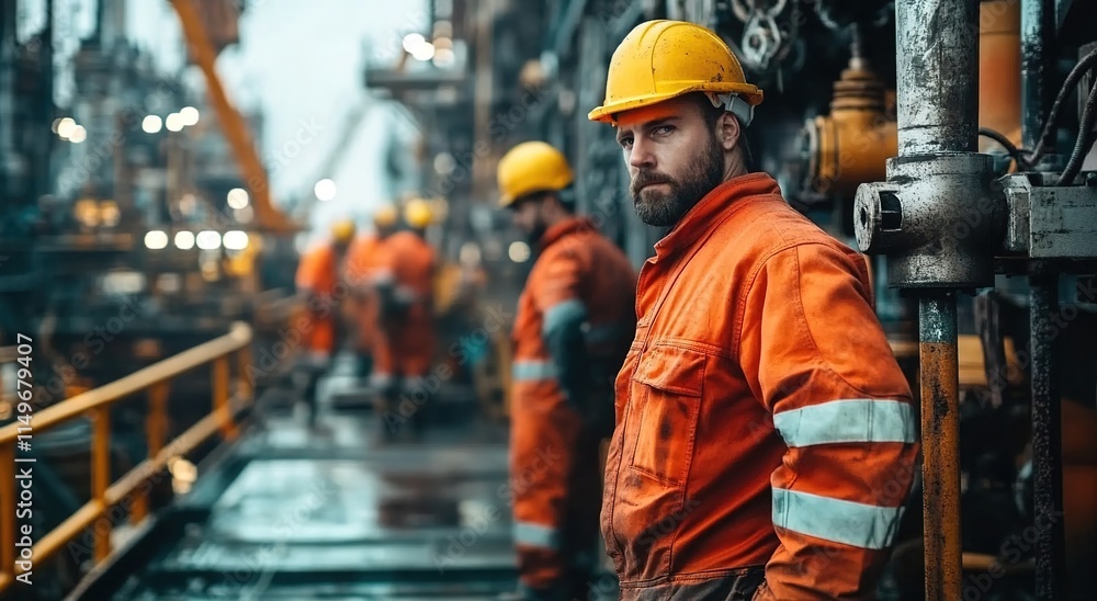 A group of workers in an oil and gas facility wearing orange overalls, yellow hard hats, and white safety boots are walking on the floor with equipment around them. A group of workers in an oil and gas facility wearing orange overalls, yellow hard hats, and white safety boots are walking on the floor with equipment around them.