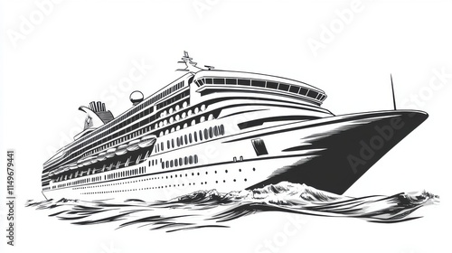 A bold black and white illustration of a luxurious cruise ship navigating through ocean waves. photo