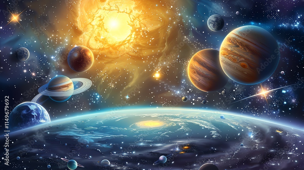 An illustration of a solar system with a bright star in the center. An illustration of a solar system with a bright star in the center.