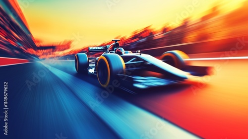 Formula 1 Race Car Speeds Past Pit Lane With Motion Blur and Sunset Glow in a High-Stakes Motorsport Championship Moment