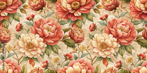Elegant floral pattern featuring vibrant coral and cream peonies.