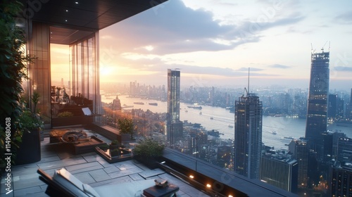 Serene Penthouse Sunrise: Cityscape Views from a Luxurious Rooftop Terrace