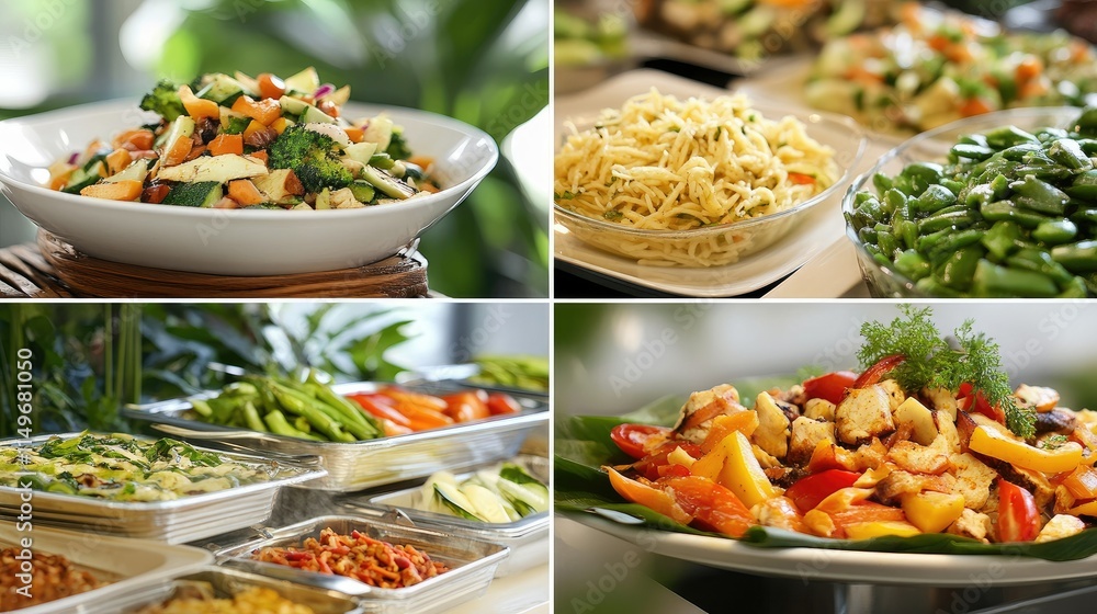 Healthy salad preparations at a vibrant buffet food display indoor dining environment culinary experience