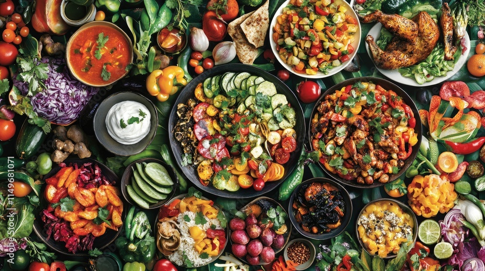 Fototapeta premium Colorful vegetarian feast kitchen table food photography indoor overhead view culinary diversity