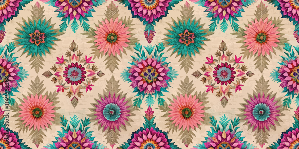 Vibrant floral pattern with intricate designs in pink, teal, and gold tones. Vibrant floral pattern with intricate designs in pink, teal, and gold tones.