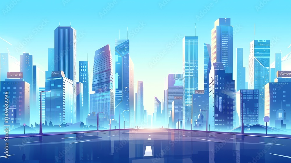 Fototapeta premium A cartoon illustration of a futuristic city with tall buildings and a wide road.