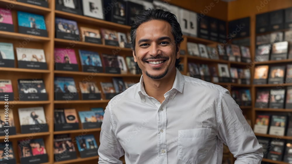 Fototapeta premium Latin American Music Store owner Smiling at the camera