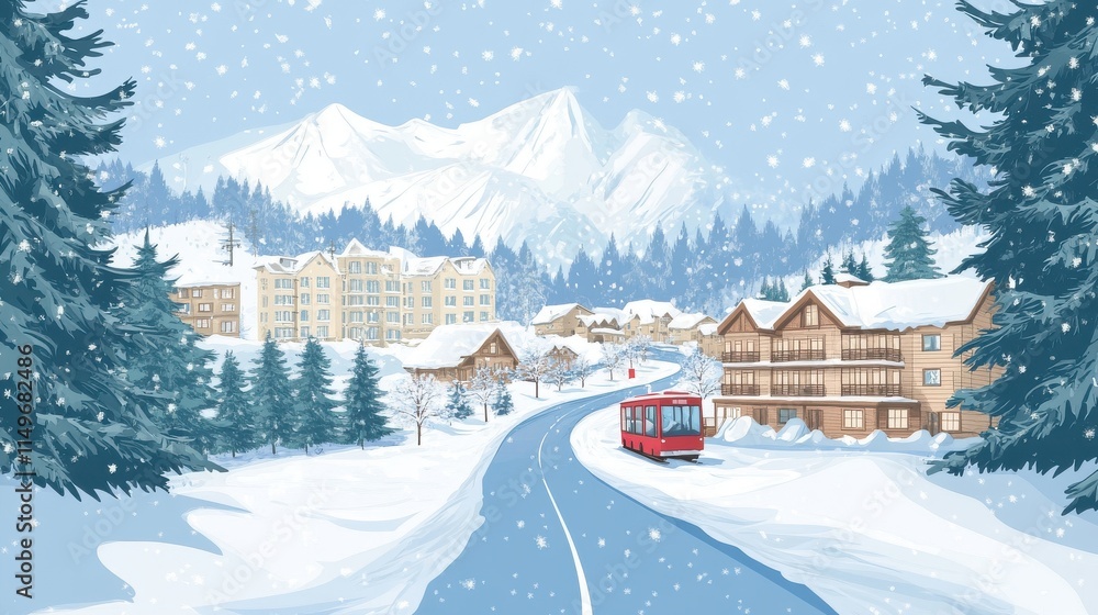 Fototapeta premium A serene winter landscape featuring a snowy village with charming chalets and a bus amidst falling snow.