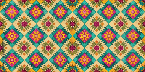 Vibrant geometric quilt pattern featuring colorful floral designs.