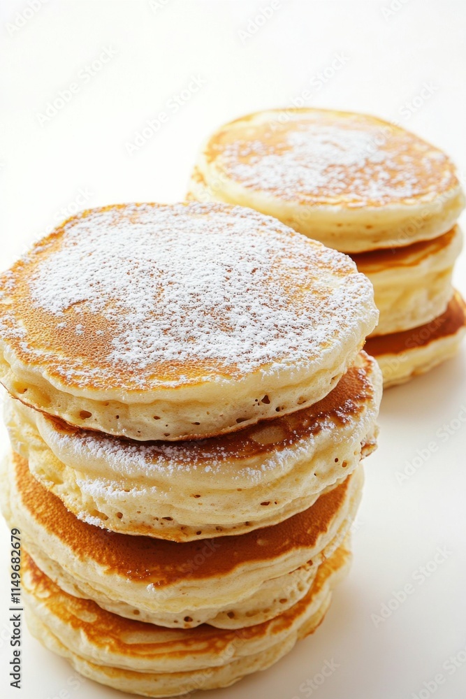 A stack of fluffy pancakes dusted with powdered sugar, perfect for breakfast or brunch. A stack of fluffy pancakes dusted with powdered sugar, perfect for breakfast or brunch.