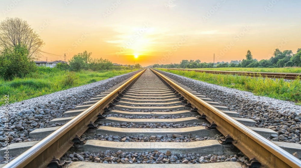Obraz premium A scenic view of railway tracks stretching into the horizon at sunset, surrounded by lush greenery.