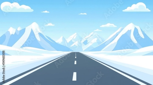 A serene winter landscape featuring a long road stretching through snow-capped mountains under a clear sky. photo