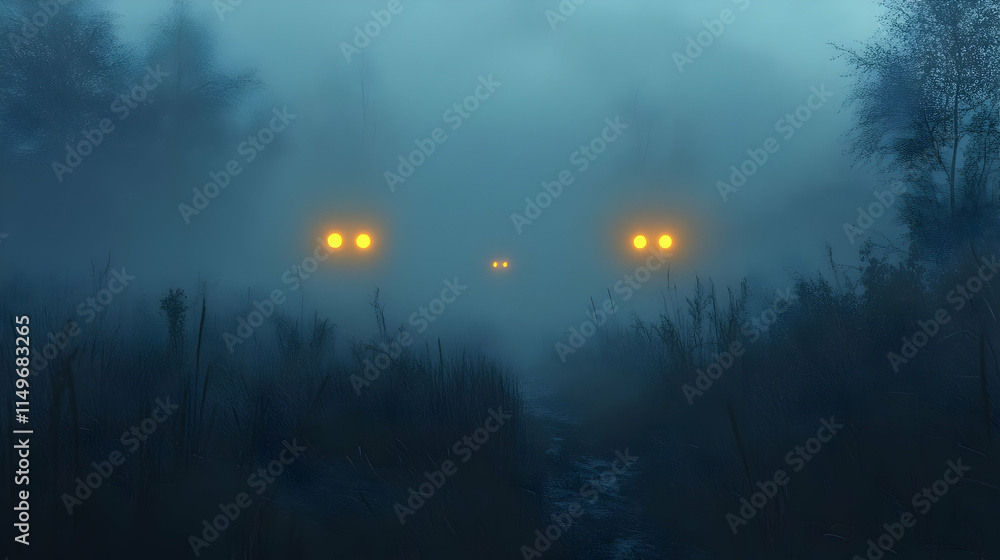 Obraz premium A misty landscape with glowing lights emerging through fog, creating an eerie atmosphere.