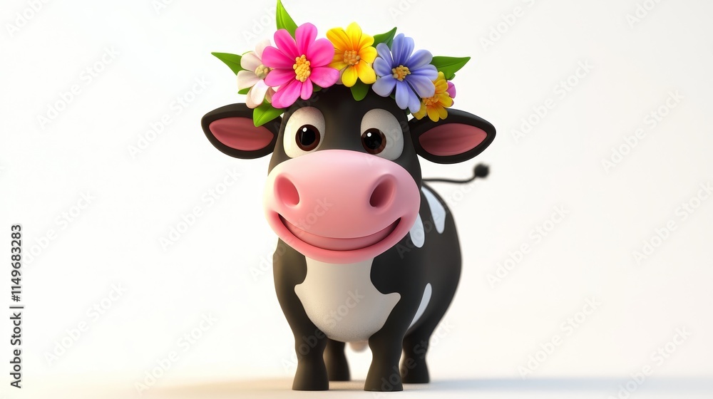 Naklejka premium Adorable 3D Cartoon Cow with Flower Crown Smiling Cheerfully in Bright Colors