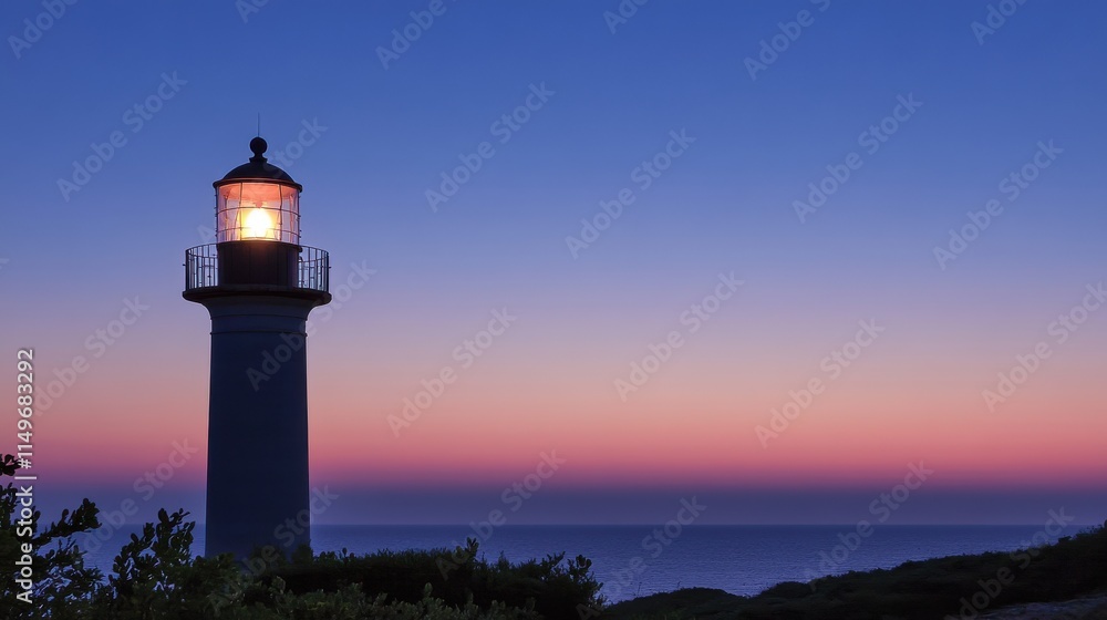 A serene lighthouse stands tall against a vibrant twilight sky, illuminating the coastline with warm light. A serene lighthouse stands tall against a vibrant twilight sky, illuminating the coastline with warm light.