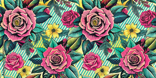 Vibrant floral pattern featuring pink roses and colorful foliage on a striped background.