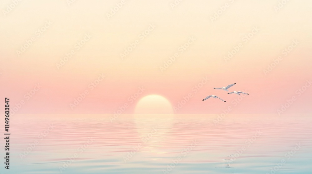 Fototapeta premium Serene Sunset Seascape with Three Gulls in Flight