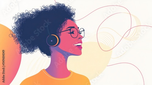 Smiling Black Woman Listening to Music with Headphones - Colorful Abstract Background photo