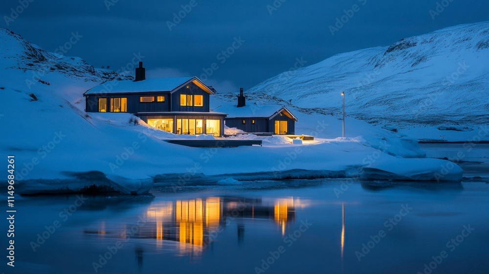 Fototapeta premium Cozy Cabin in Snowy Arctic Landscape at Night