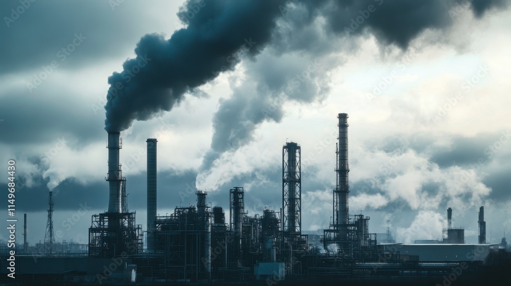 Obraz premium Industrial Pollution: Dark Clouds Over Refinery