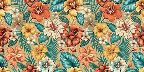 A vibrant floral pattern featuring colorful hibiscus and tropical leaves.