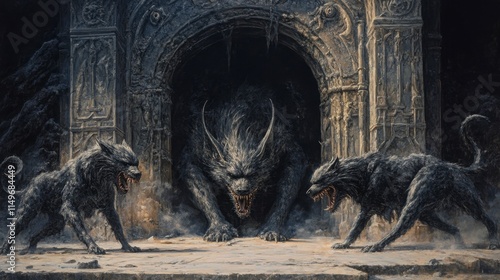 Cerberus Guards Underworld Gates - Dark Fantasy Art photo