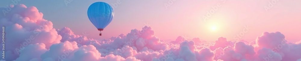 Obraz premium A blue balloon floats gently above a pink landscape with fluffy white clouds and a bright sun shining down, cloud, peaceful, colorful