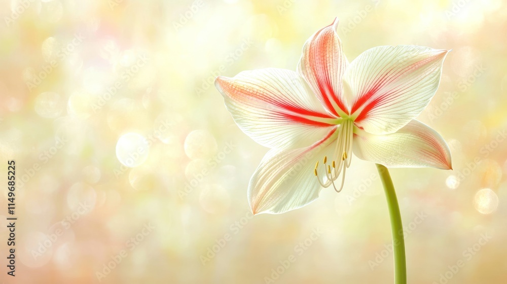 Single white amaryllis flower with red stripes against a bokeh background. Single white amaryllis flower with red stripes against a bokeh background.