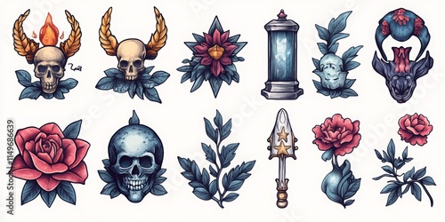 A set of traditional old-school tattoo designs featuring skulls, roses, leaves, and a variety of symbolic elements on a white background. Perfect for tattoo parlors, art enthusiasts, and design inspir photo