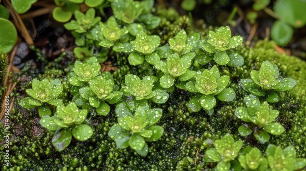 Fototapeta premium Dew-covered succulent plants growing on moss.