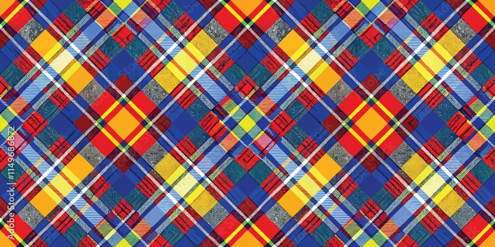 Colorful plaid pattern featuring vibrant blues, reds, and yellows. Colorful plaid pattern featuring vibrant blues, reds, and yellows.