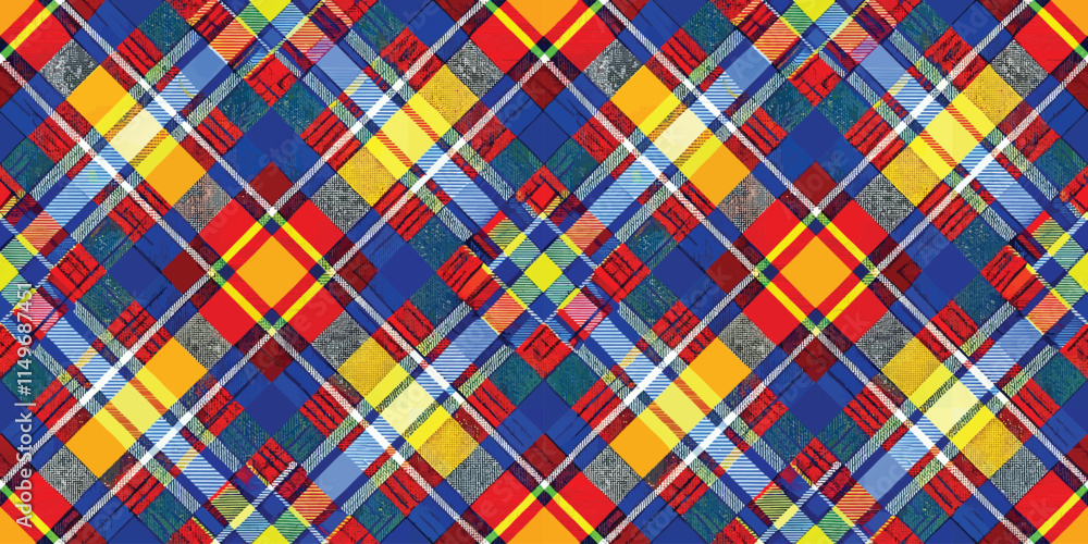 Colorful plaid pattern with vibrant squares and diagonal lines in various colors. Colorful plaid pattern with vibrant squares and diagonal lines in various colors.