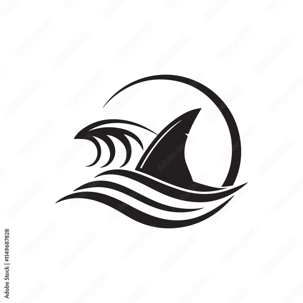 fish and wave silhouette vector line art logo
